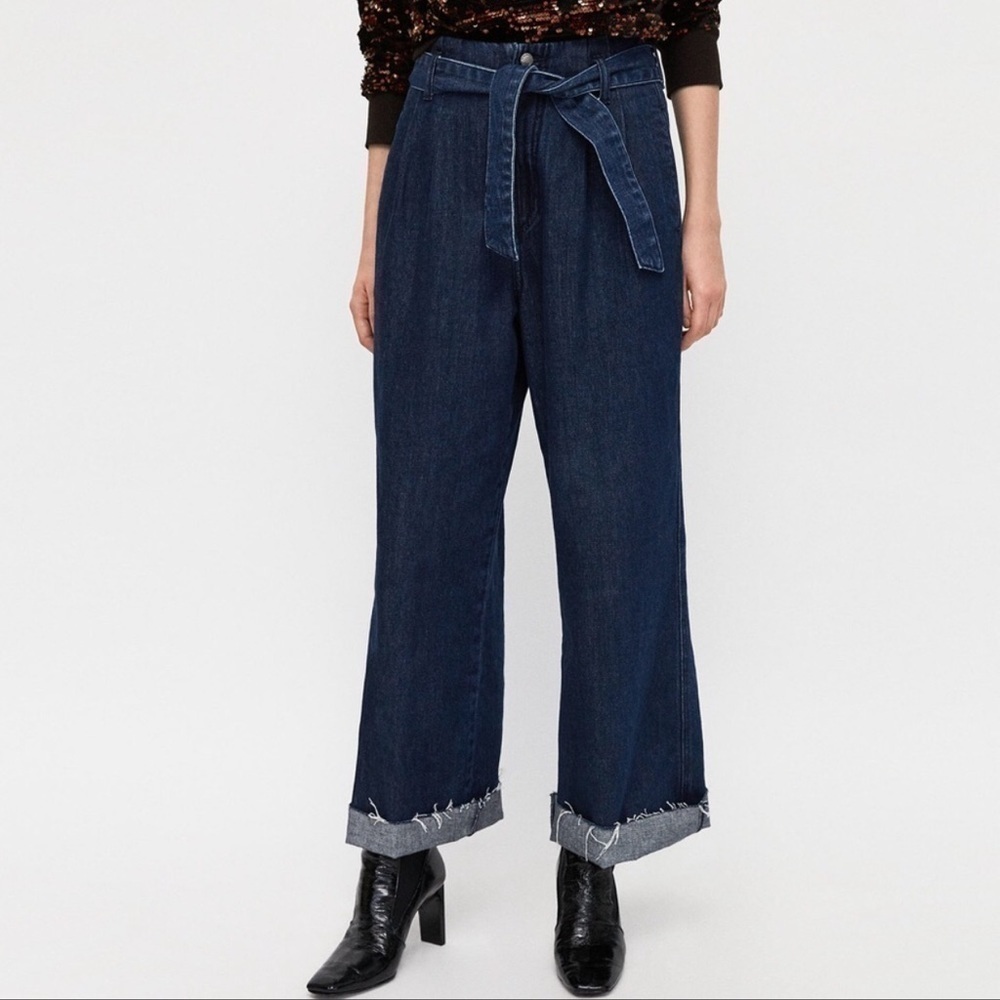 Zara Trafaluc Denim Belted Raw Crop Palazzo Jean 2